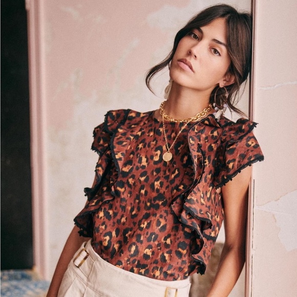 SEZANE Clarita Leopard Ruffle Blouse 36 4 S XS - Picture 2 of 11